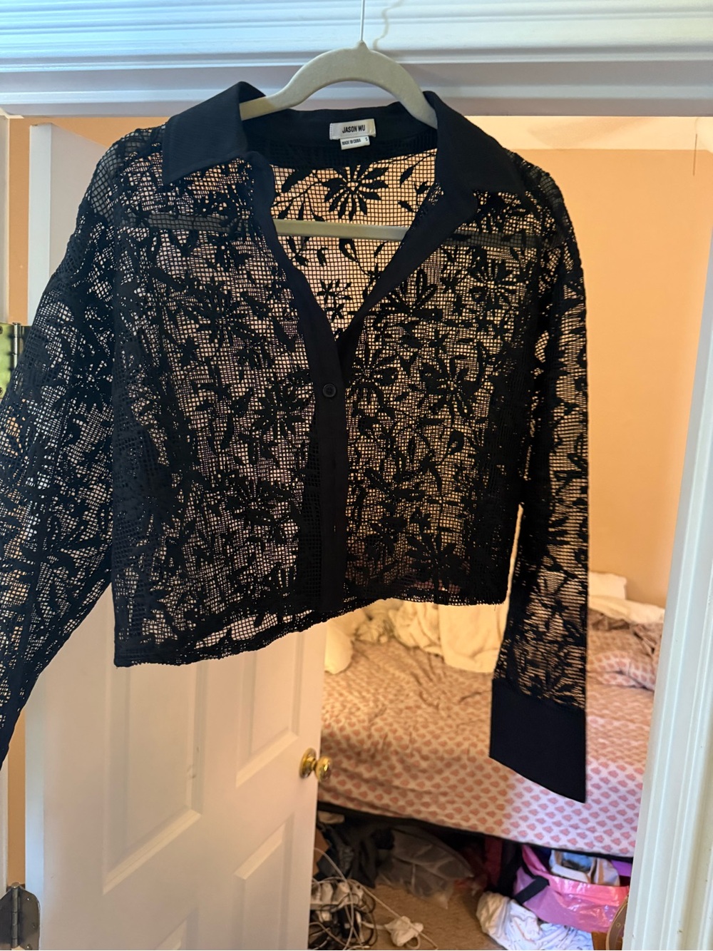 Jason Wu black floral cropped collared button down top